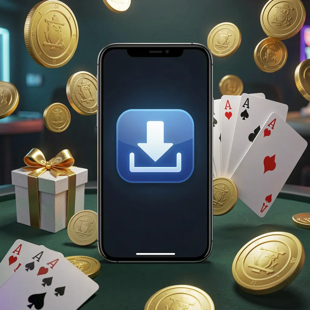 AC69 casino app download concept showing a smartphone with a download icon surrounded by golden coins, a gift box, and playing cards in a modern mobile gaming atmosphere