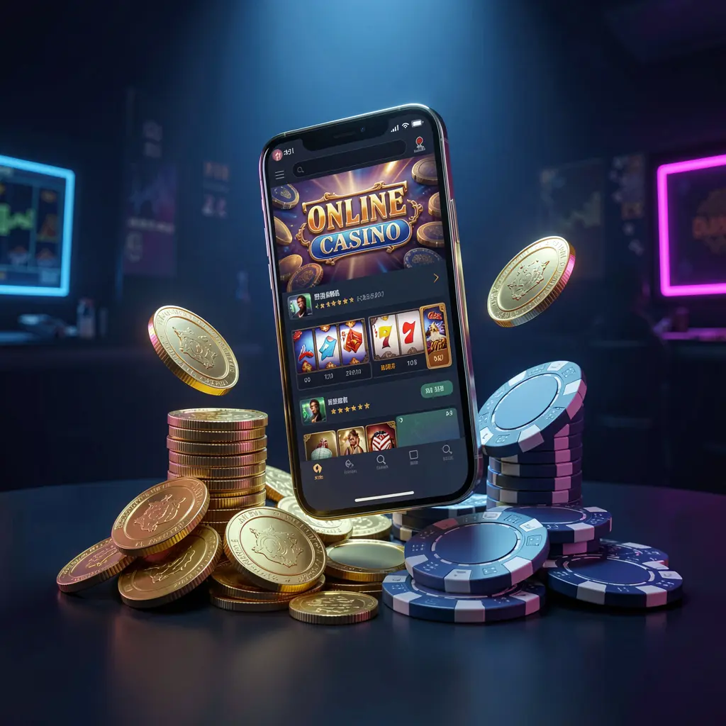 AC69 online casino app promotion banner with a phone floating above golden coins and poker chips against a dark blue and black background with cinematic neon glow in a realistic 3D render