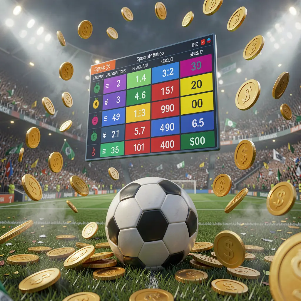AC69 sports betting page showing a packed football stadium with a soccer ball in the foreground, floating digital odds interface, and golden coins flying in a realistic 3D illustration AC69 sports betting page showing a packed football stadium with a soccer ball in the foreground, floating digital odds interface, and golden coins flying in a realistic 3D illustration