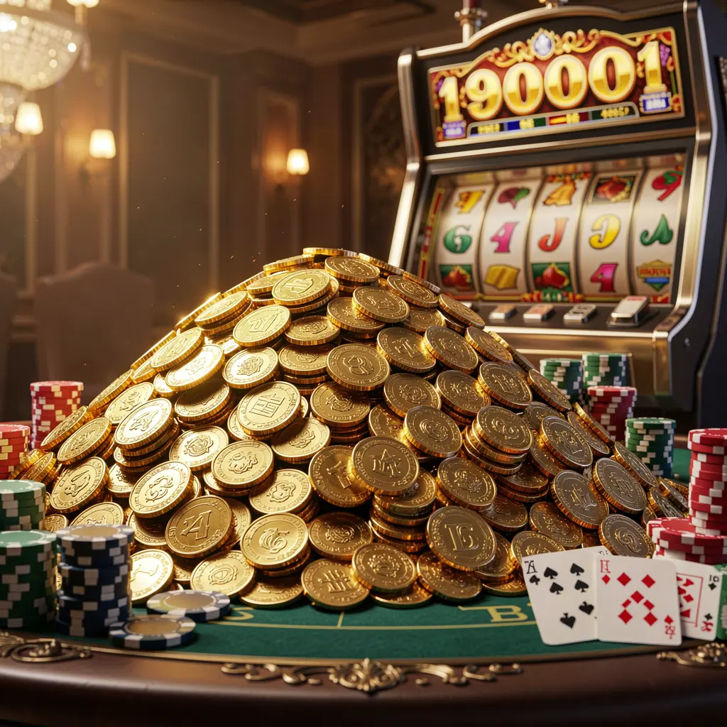 AC69 online casino jackpot bonus scene featuring a massive pile of golden coins, a slot machine with glowing jackpot lights in the background, poker chips and playing cards on a luxury table under dramatic cinematic lighting