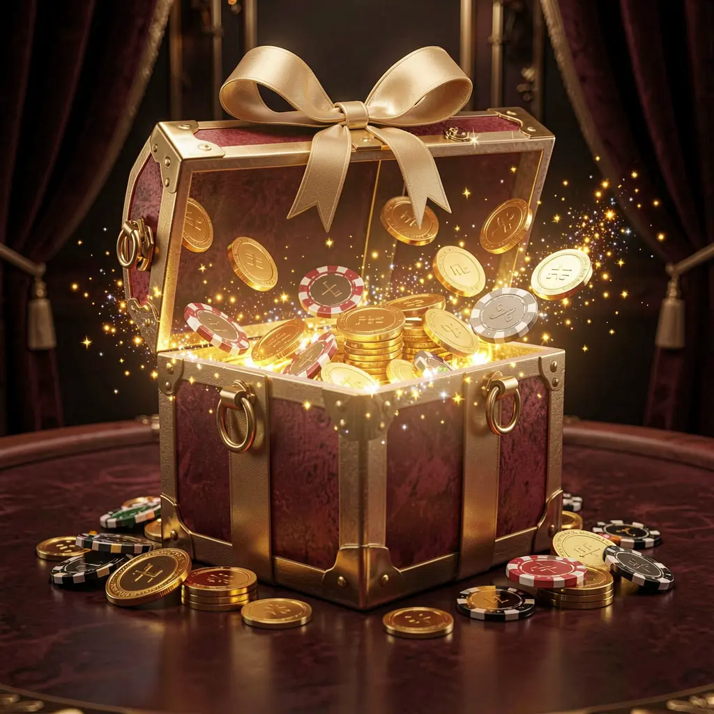 AC69 no deposit casino bonus concept featuring a glowing gift box filled with free casino chips and golden coins, surrounded by magical sparkle effects on a luxury dark background creating an exciting reward atmosphere
