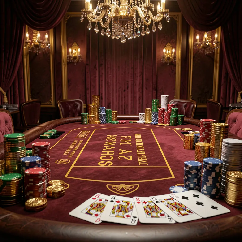 AC69 luxury casino atmosphere featuring a blackjack table with poker cards, stacks of chips, and sparkling coins against a dark red and gold background in a cinematic realistic render
