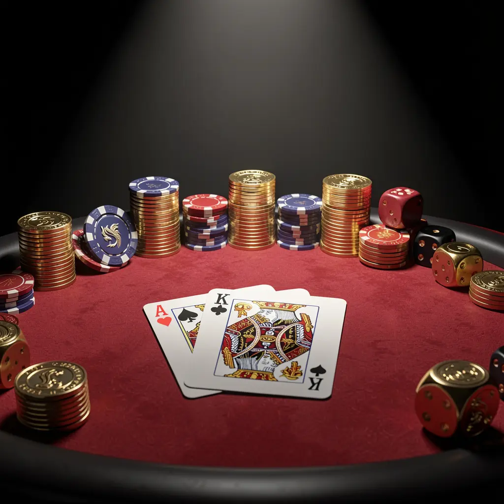 AC69 casino table featuring a royal flush hand, poker chips, golden coins, and dice on a luxury black and red background with dramatic spotlight in a realistic 3D render