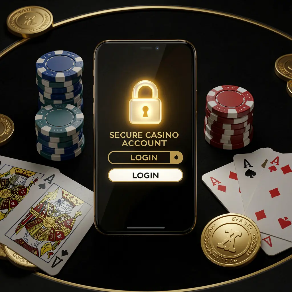 AC69 secure casino account login concept with glowing lock icon on smartphone screen surrounded by poker chips, playing cards, and golden coins on an elegant black and gold background AC69 secure casino account login concept with glowing lock icon on smartphone screen surrounded by poker chips, playing cards, and golden coins on an elegant black and gold background