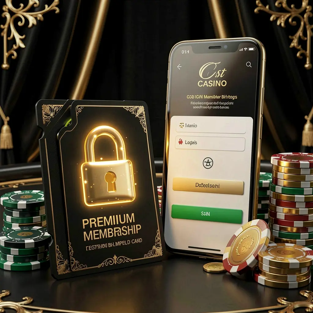 AC69 casino member login concept showing a premium membership card beside a smartphone with a glowing lock symbol, poker chips, and coins on a black and gold luxury background in a realistic 3D illustration AC69 casino member login concept showing a premium membership card beside a smartphone with a glowing lock symbol, poker chips, and coins on a black and gold luxury background in a realistic 3D illustration