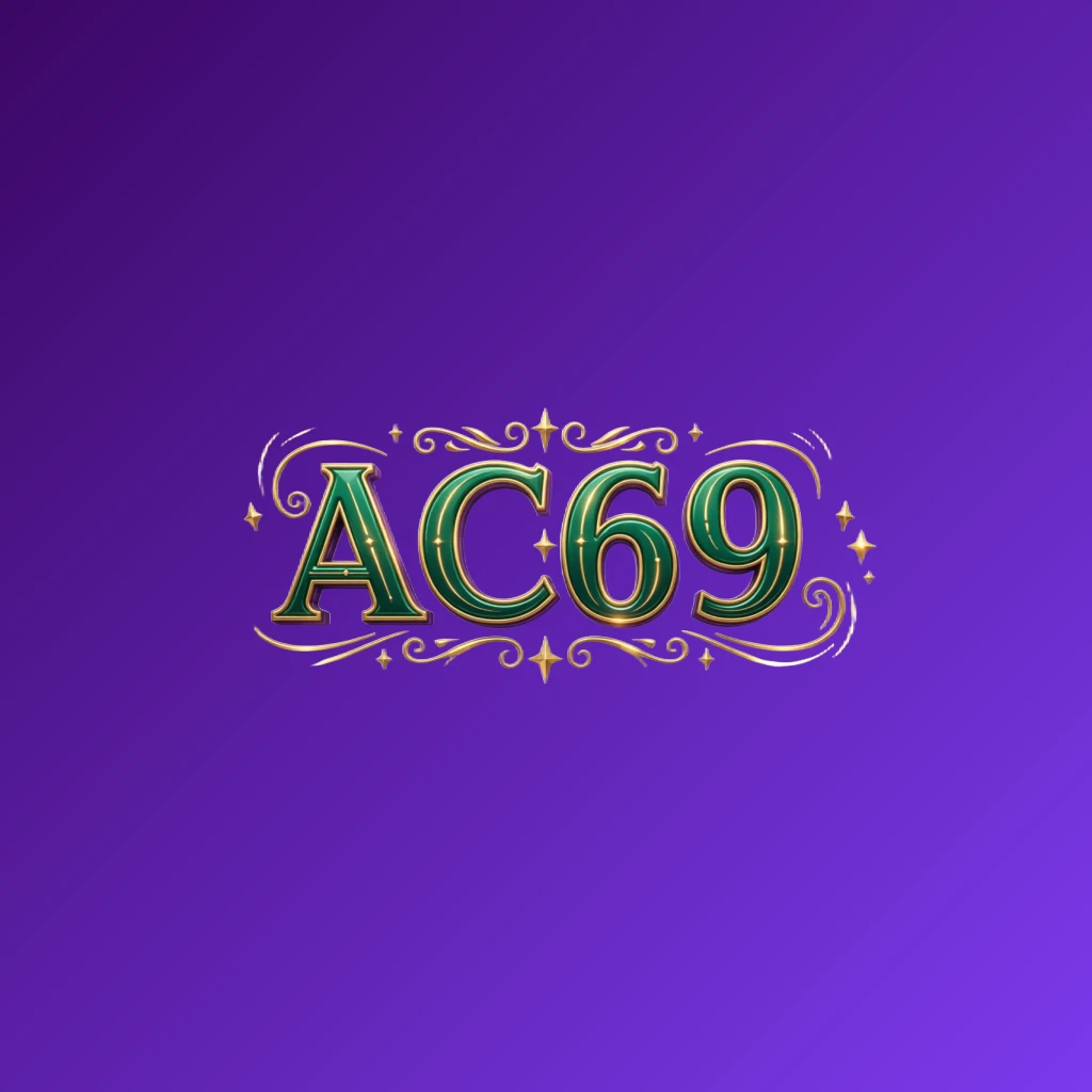 Luxury colorful AC69 logo featuring bold serif typography in rich emerald, violet, and gold palette with elegant glowing ornaments, designed as a premium brand identity in a horizontal rectangular wordmark for website header