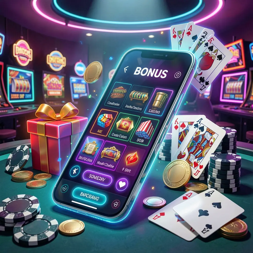 AC69 modern casino website hero scene featuring a smartphone with glowing interface surrounded by bonus gift box, chips, coins, and playing cards in premium neon casino style